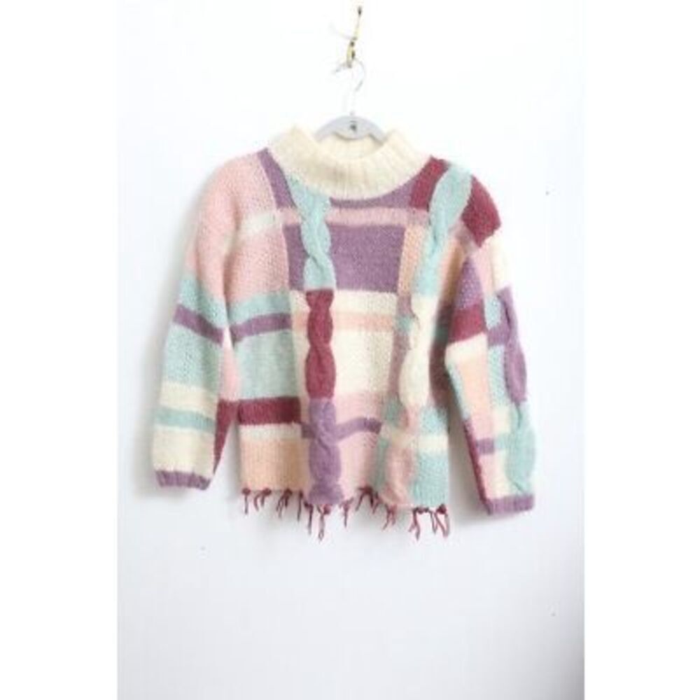 80s VTG Rebecca Stone Chunky Knit Sweater Colorful with Tassels Mohair Small